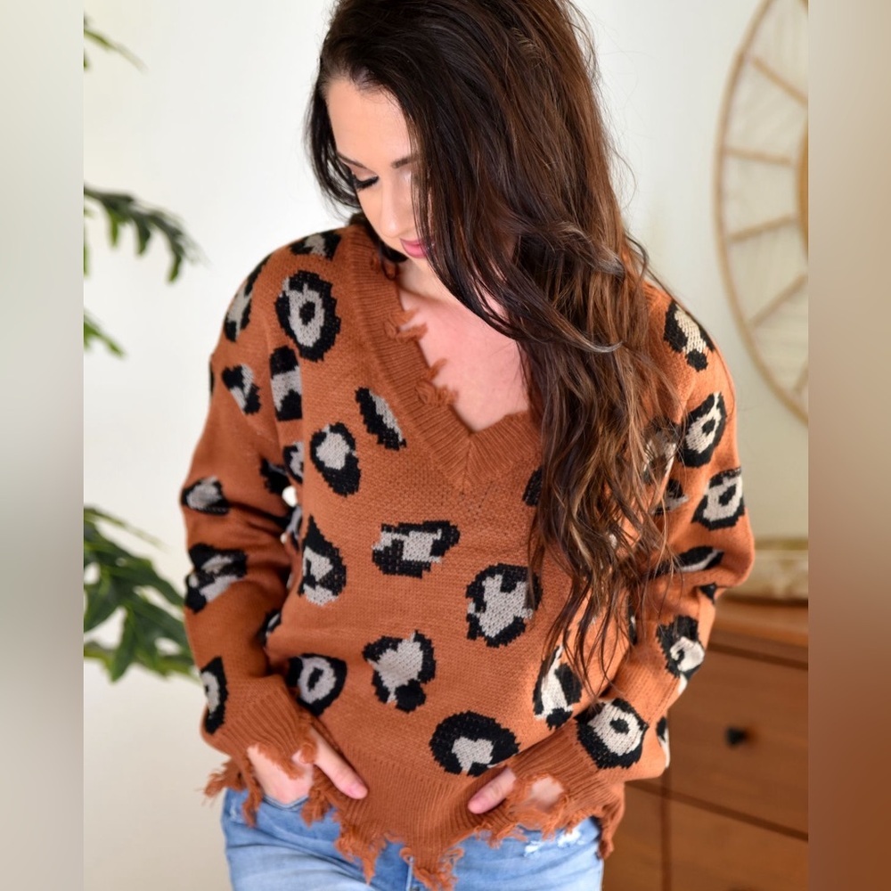 MIRACLE DISTRESSED CHEETAH SWEATER BROWN/SIZE:M